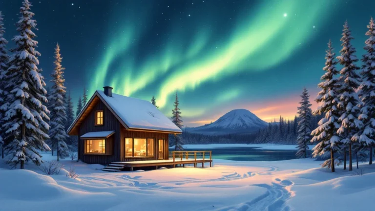 Illustrated glass-roofed cabins on a frozen lake shore under the northern lights