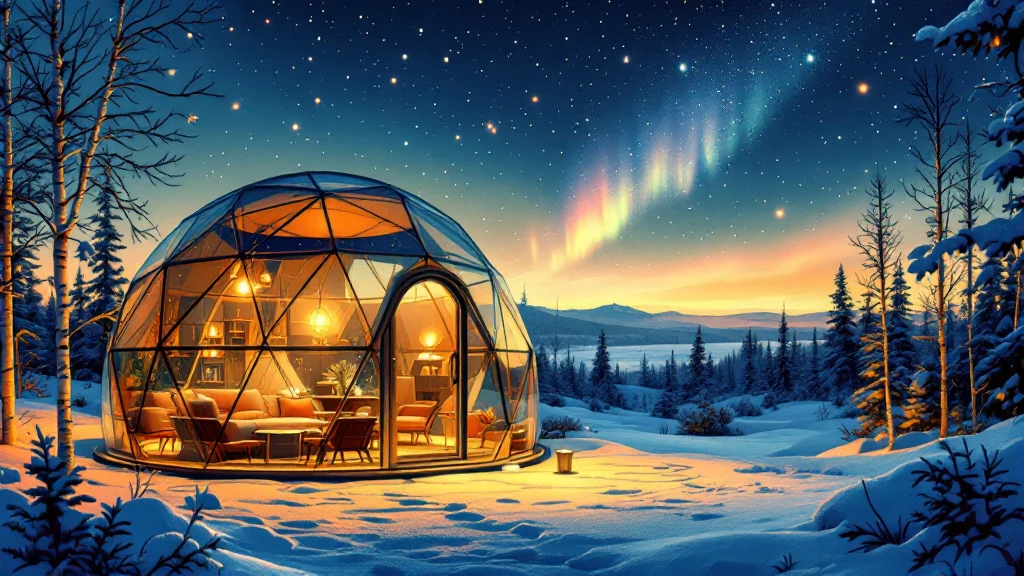 Illustrated snow hotel and glass igloos on a frozen lake at dusk under a starting aurora