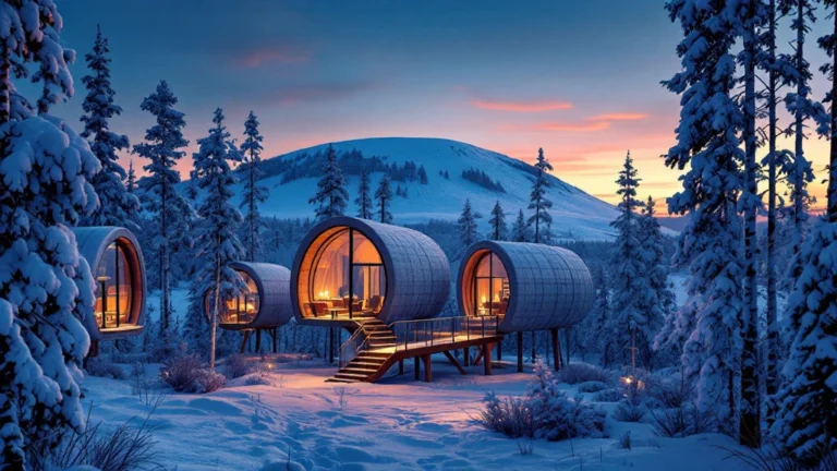 Illustrated glass-walled cabins on a snowy hillside under the northern lights