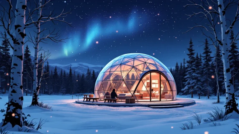 Illustrated glass-domed igloos glowing in deep snow under the northern lights