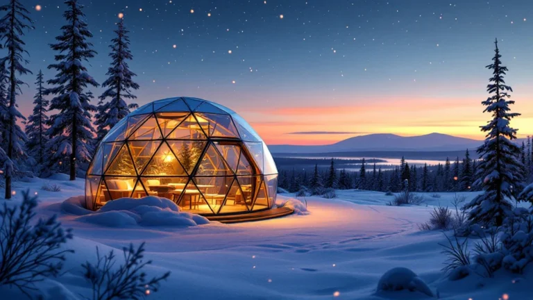 Illustrated glass-domed igloos on a snowy hillside above a valley under the northern lights