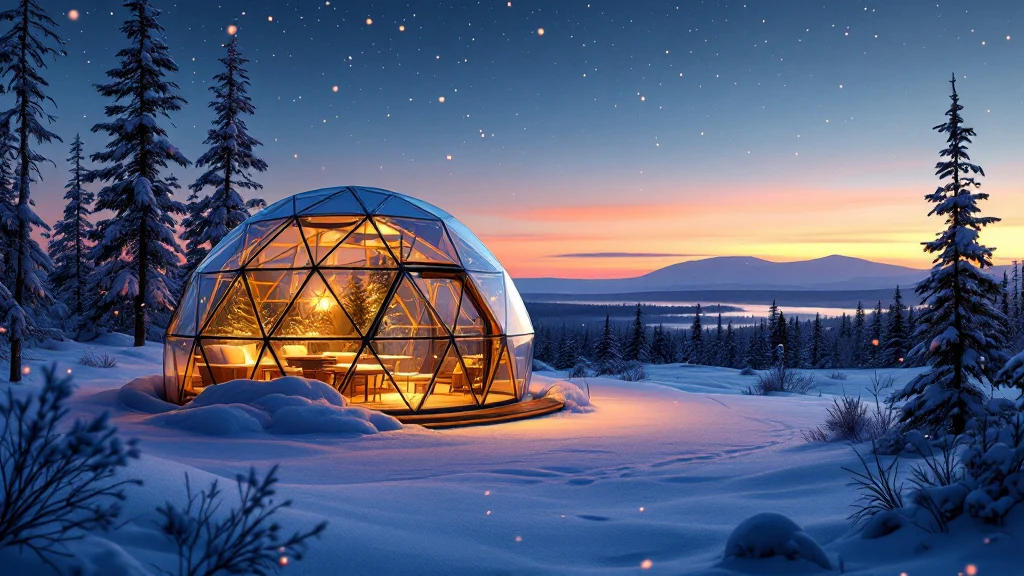 Illustrated glass-domed igloos on a snowy hillside above a valley under the northern lights