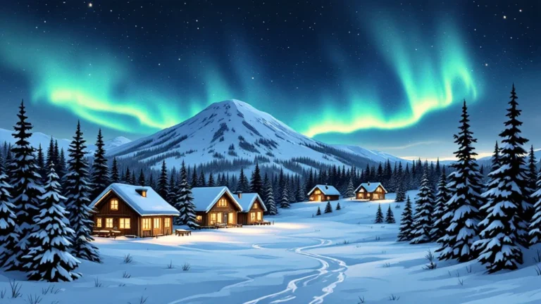 Illustrated aurora cabins with glass roofs in deep snow with a reindeer paddock under the northern lights