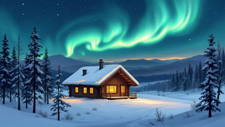Illustrated aurora cabins with glass roofs in deep snow under the northern lights