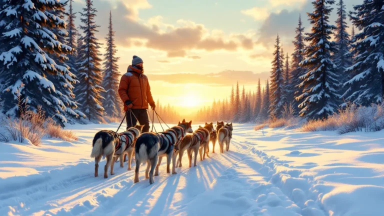 Illustrated Rovaniemi winter scene with the Arctic Circle line, wooden shops, a snow slide and aurora overhead