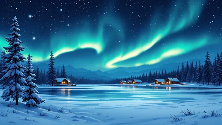 Illustrated lakeside cabin with a glass roof under a bright aurora arc far from town lights