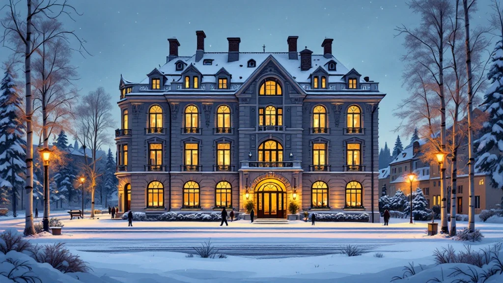 Illustrated stone town-hall building turned boutique hotel on a snowy Rovaniemi street at dusk