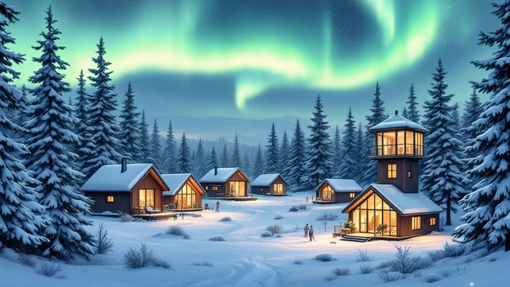 Illustrated glass-roofed timber cabins and towers in a snowy spruce forest under the aurora