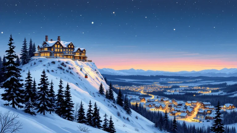 Illustrated hotel on a snowy fell summit with a gondola rising to it and a village of lights in the valley
