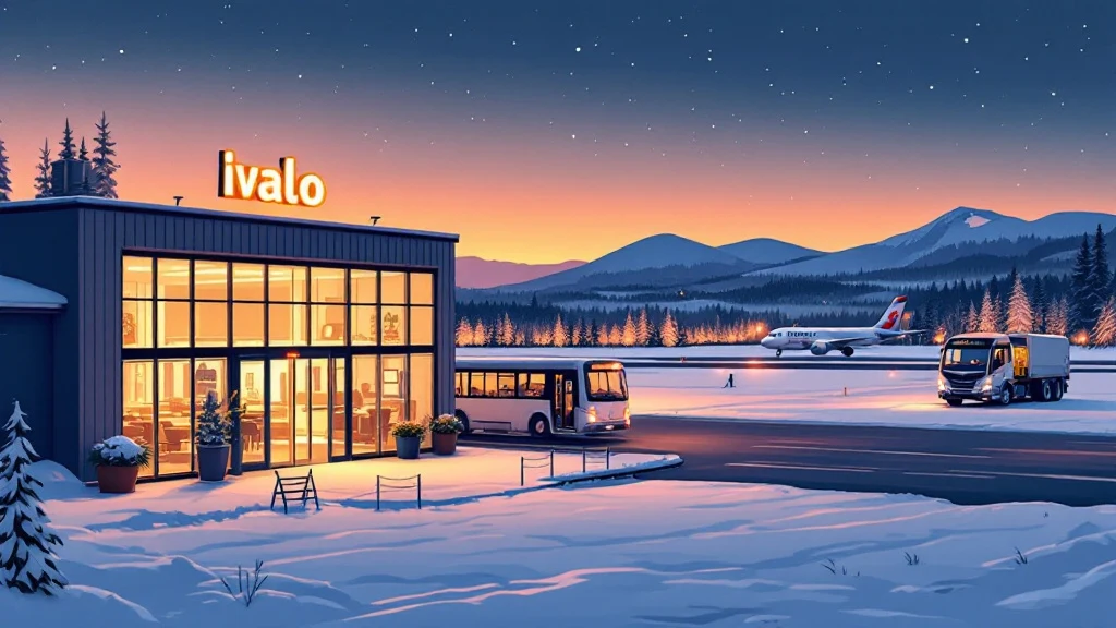 Illustrated Ivalo Airport terminal in winter with a plane being de-iced and a shuttle bus waiting