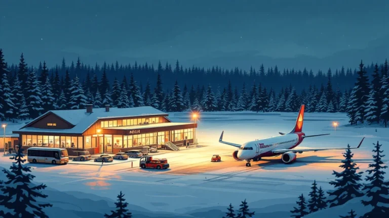 Illustrated Kittilä Airport terminal in winter with a plane being de-iced and a shuttle bus waiting