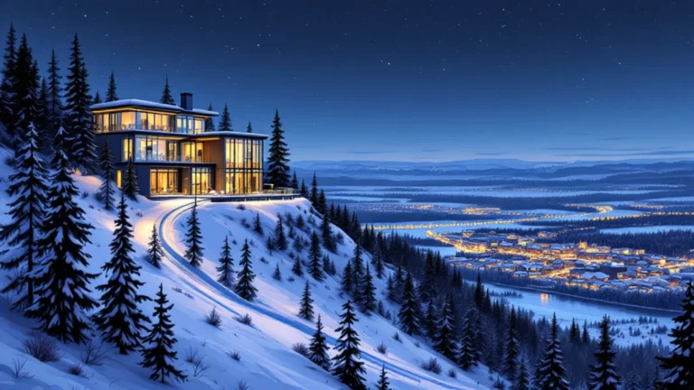 Illustrated hilltop hotel beside a lit ski slope above a snowy river valley town at twilight