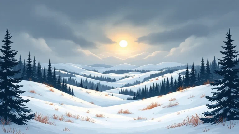 Illustrated winter thermometer beside a snowy Lapland cabin and pine trees under a pale midday sky
