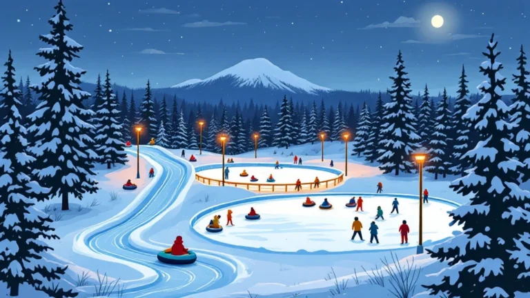 Illustrated winter activity park with snow tubing lanes and a lit skating path at blue hour