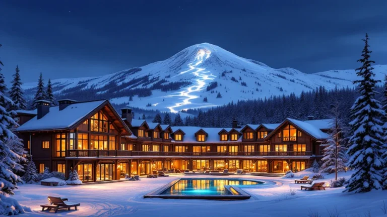 Illustrated timber resort hotel around a snowy courtyard with a glowing indoor pool and a ski fell behind