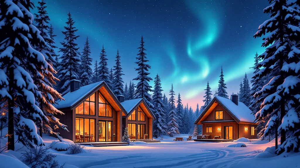 Illustrated modern timber lodge suites with tall glowing windows in a snowy pine forest