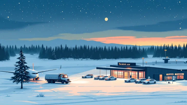 Illustrated Rovaniemi Airport terminal in winter with a plane being de-iced and a shuttle bus waiting