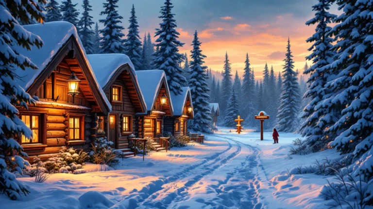 Illustrated snow-covered log cottages with warm windows along a lantern-lit lane on the Arctic Circle