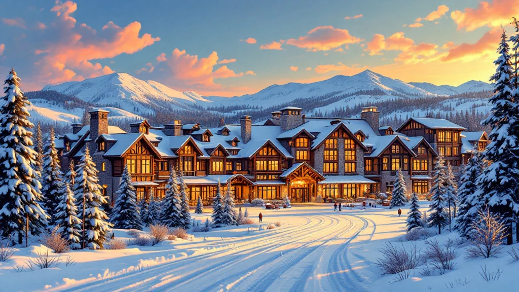 Illustrated large timber resort hotel in a snowy fell village with ski tracks leading from the door