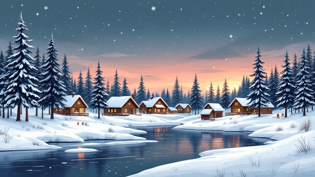 Illustrated Lapland village under the first thin snow of early winter