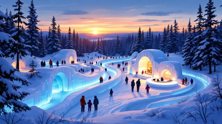 Illustrated snow park with an ice slide and lit snow walls at dusk