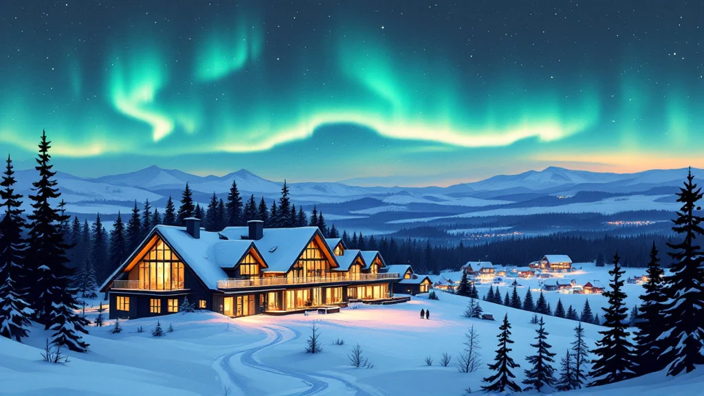 Illustrated hotel with glass-roofed cabins on a snowy fell summit above village lights under a green aurora