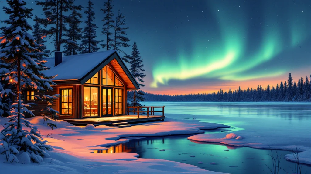 Illustrated glass-fronted timber cabins on a frozen lake shore under a green aurora