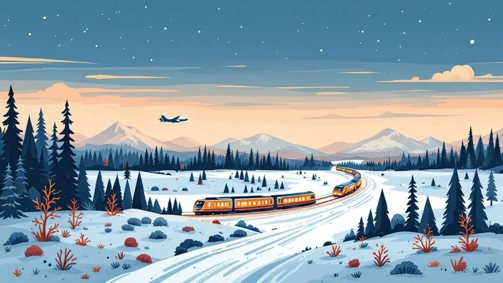 Illustrierte Flugroute von Mitteleuropa über Helsinki zu drei Flughäfen in Lappland, Winterlandschaft unter den Linien
