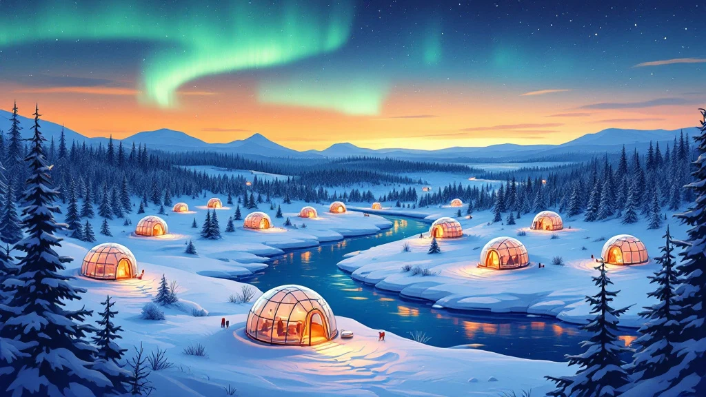 Illustrated glass igloo resorts around a small Arctic town under the aurora