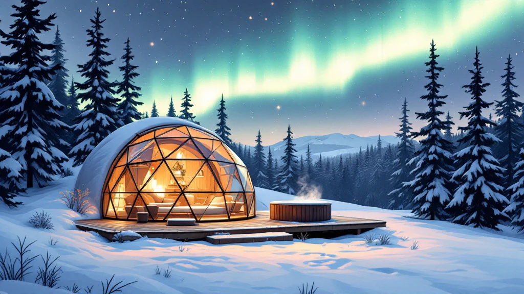 Illustrated glass igloo with a steaming hot tub on a forested hillside under the aurora