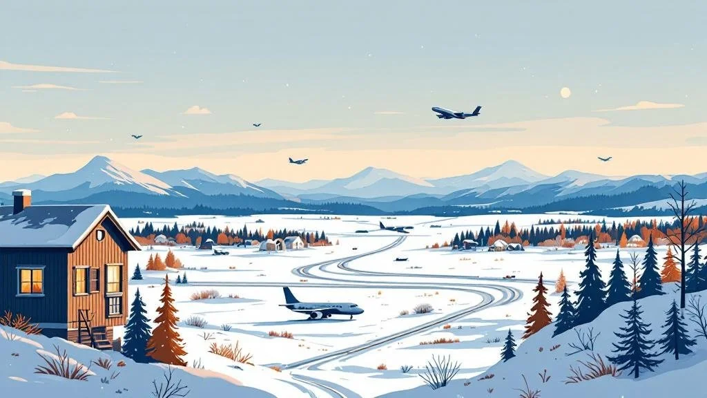 Illustrierter kleiner Flughafen im Schnee mit Skibus, dahinter die Straße nach Levi und das Fjäll