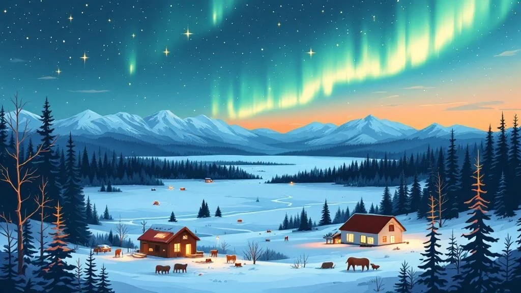 Illustrierte Karte von Finnisch-Lappland mit Rovaniemi, Levi, Saariselkä und Inari, verbunden durch gepunktete Reiselinien, Polarlicht am Himmel