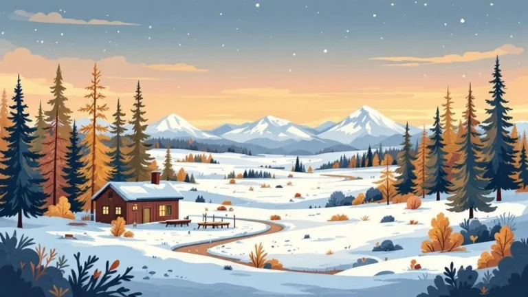 Verschneite Hütte mit Licht im Fenster am Waldrand in Lappland