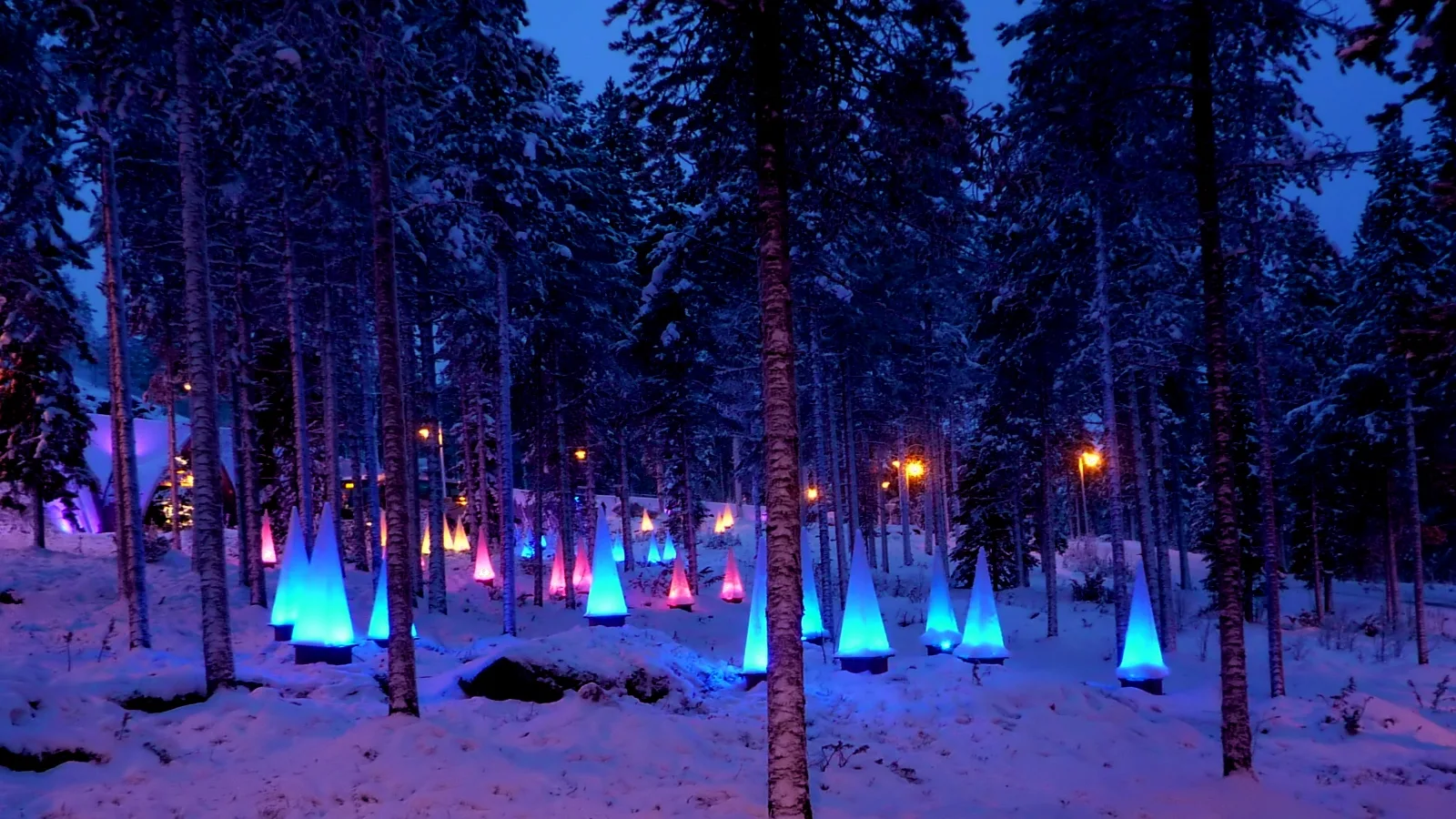 Leuchtende Kegel im verschneiten Wald am SantaPark bei Rovaniemi