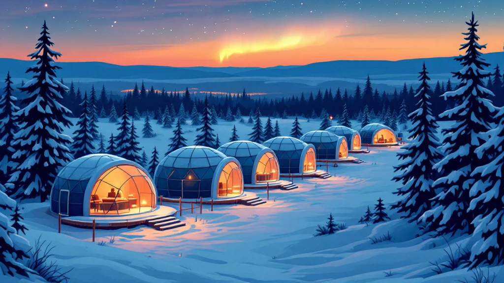 Illustrated glass-roofed igloos among snowy pines under a faint aurora