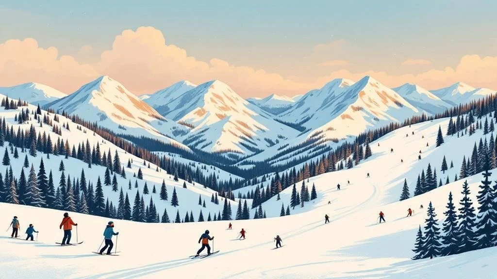 Skipiste am Fjäll in Lappland mit verschneiten Bäumen und tiefer Sonne