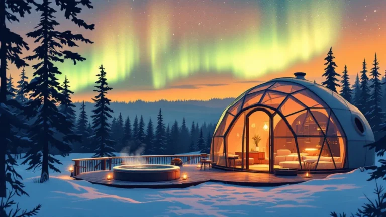 Illustrated glass dome suite with a hot tub on its deck in a snowy forest under the aurora