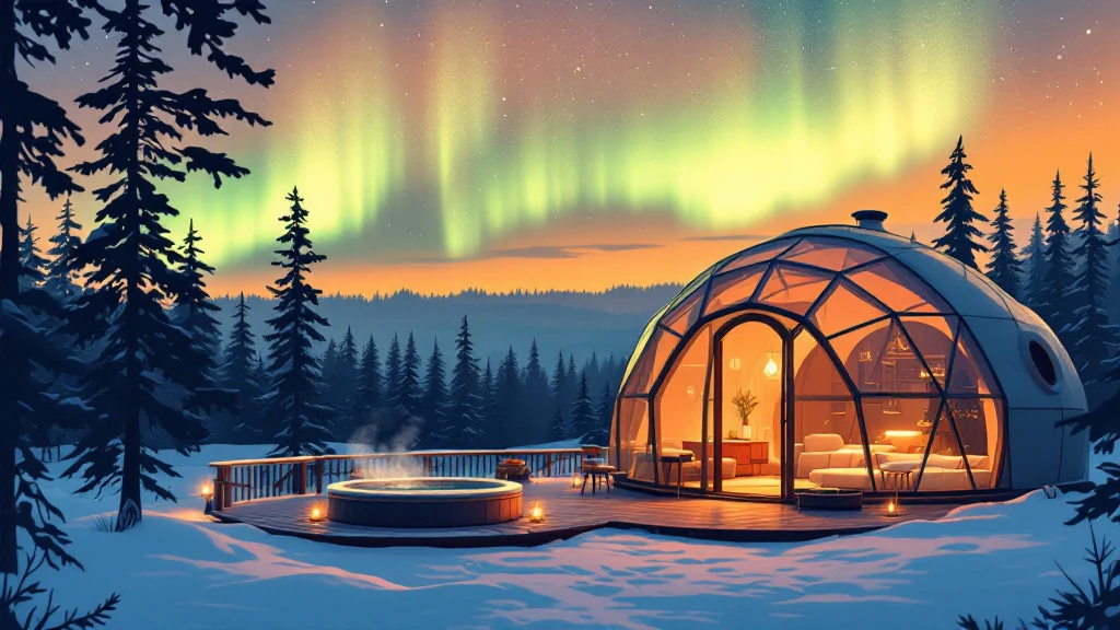 Illustrated glass dome suite with a hot tub on its deck in a snowy forest under the aurora