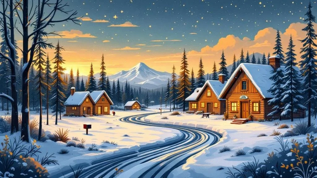 Illustriertes Weihnachtsmanndorf: Holzhäuser, Polarkreis-Linie im Schnee, roter Briefkasten, Lichterketten
